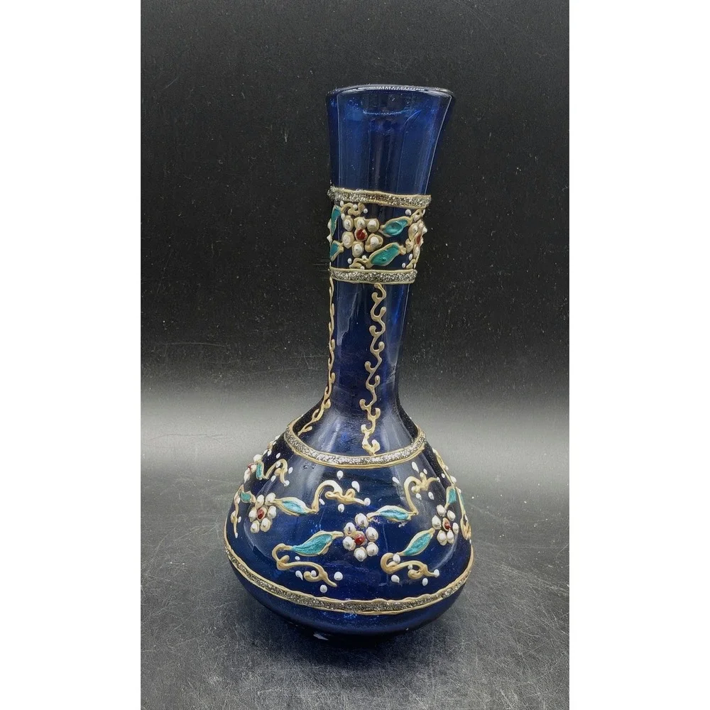 Vintage Cobalt Blue Glass Vase Hand Painted Enamel Floral Gilt Scrollwork Ornate